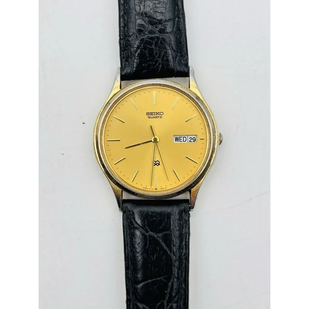 Seiko SQ Watch Men 33mm Gold Dial Gold Tone Daydate Round 5H23-7B09 New Battery